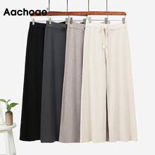 Aachoae 2021 Casual Wide Leg Knitted Pants Women Solid High Waist Drawstring Trousers Elegant Striped Long Pants Femme Pantalon 2024 - buy cheap