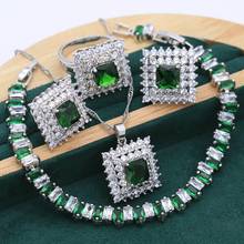 Conjunto de joias prateadas topázio branco e verde, joias femininas, pulseira, brincos, colar, casamento, natal, caixa de presente grátis 2024 - compre barato