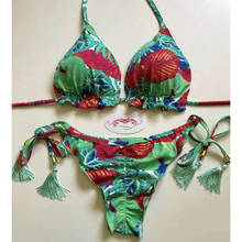 QINJOYER-Mini bañador para mujer, traje de baño con estampado de hojas, Micro Bikini con Tanga, traje de baño brasileño 2021 2024 - compra barato