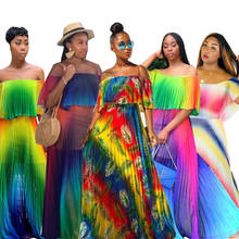 2019 Summer Pleated Chiffon Dress Loose Long Maxi Beach Dresses Rainbow Print Plus Size Off Shoulder Dress For Womens 2024 - compre barato