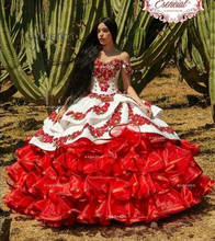 Red Floral Charro Quinceanera Dresses Off Shoulder Puffy Skirt Lace Embroidery Princess Sweet 16 Girls Masquerade Prom Dress 2024 - buy cheap