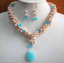 Fashion jewelry Free Shipping  Wholesale fresh water pearl mixed blue jadestone necklace and earring set 2024 - buy cheap