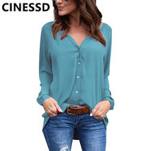 CINESSD-Blusa de gasa con botones fruncidos para mujer, blusa informal de manga larga con cuello en V, cárdigan drapeado liso, color burdeos, talla grande 2024 - compra barato