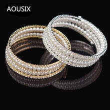 Crystal Imitation Pearl Multilayer Wide Bangle Wedding Bracelet Women's gold silver plated Stretching Bracelet Gift Jewelry 2024 - buy cheap