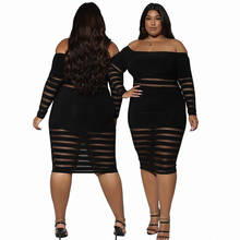 Plus Size Transparent Mesh Dress Women Long Sleeve Dresses Slash Neck Off Shoulder Black Bodycon Dress Wholesale Dropshipping 2024 - buy cheap