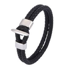 Pulsera de cuero trenzado para hombre, brazalete de acero inoxidable, con hebilla de Metal, color negro y rojo, estilo Punk, PD0592 2024 - compra barato