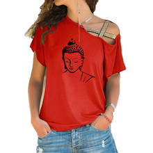 Camiseta holgada con cuello oblicuo para mujer, camiseta de Buda religioso, camiseta informal de verano con corte Irregular, camisetas de vendaje cruzado 2024 - compra barato