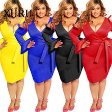 XURU-vestido de Otoño de talla grande con volantes, manga larga, cuello en V, Sexy, D, negro, rojo, amarillo, azul, XL-5XL 2024 - compra barato