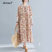 Vestido floral vintage de linho e algodão com manga curta, roupa feminina casual folgada e longa para o verão, roupas elegantes 2021 2024 - compre barato