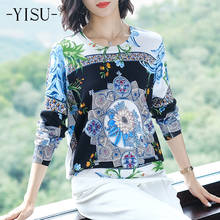 Yisu suéter estampado feminino de manga comprida, gola redonda, pulôver de malha, moda, blusas soltas, roupas femininas, camisola de estampa de flor 2024 - compre barato