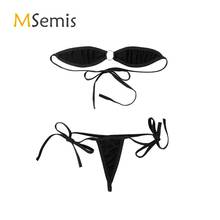 2 pçs feminino mini microbiquini conjunto de cobertura mínima lingerie terno auto-tie fora do ombro sutiã superior com g-string briefs roupa interior 2024 - compre barato