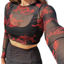 Newest Arrival Dragon Printed T-Shirts Women Mesh Top Long Sleeve Transparent Floral Female T-shirt O-Neck Crop Tops 2024 - buy cheap