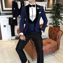 Новейшая модель; Модные темно синие мужской костюм для выпускного вечера, деловой мужской свадебный костюм для мужчин Ternos Masculinos Slim Fit смокинг для мальчиков из 3 предметов 2024 - купить недорого
