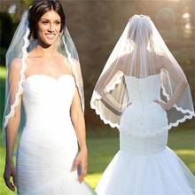 Véu de noiva com pente, véu de casamento curto bege branco com borda de renda 2024 - compre barato