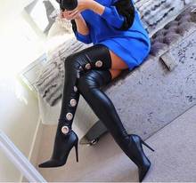 Fashion Metal Eyelet Black Leather Slim Thigh Boots Women Pointed Toe Thin Heels Over The Knee Boots Autumn Long Stretch Boots 2024 - buy cheap