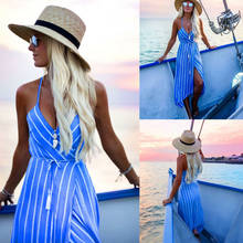 Summer Women Boho Maxi Striped Dress Lady Spaghetti Strap Evening Party Split Long Beach Dress Sundress 2024 - buy cheap