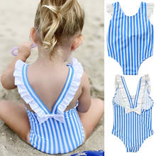 Novo biquíni listrado azul de praia infantil, 4 #, meninas, bebê, traje de banho listrado, uma peça, roupa de praia, plavky, infantil 2024 - compre barato