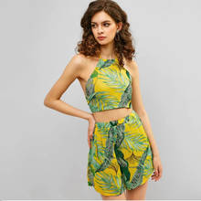 Floral Print Two Piece Set Women Off Shoulder Backless Crop Tops Mini Hot Shorts Summer Beach Boho Matching Set Beachwear 2024 - buy cheap