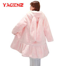 YAGENZ Rabbit Ear Hooded Fur Coat Women Rex Rabbit Fur Long Jacket Cute Furry Coat Women faux fur coat Autumn Winter Clothes 586 2024 - buy cheap