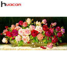 Huacan pintura completa quadrada/redonda com diamantes flor rosa 5d faça você mesmo kits de bordados decorações para casa presente 2024 - compre barato