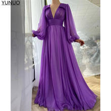 YUNUO Deep V Neck Prom Evening Dresses 2022 Sexy Chiffon A-line Long Sleeves robe de soirée Formal Party Dress вечерние платья 2024 - buy cheap