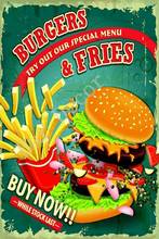 Retro Metal Tin Signs Burgers & Fries Poster Restaurant Art Wall Hanging Decor(Visit Our Store, More Products!!!) 2024 - buy cheap