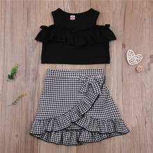 Girls Casual Two-Piece Clothes Set Black Solid Color Short Sleeve Tops + Plaid Pattern Skirt 2-7Years 2024 - buy cheap