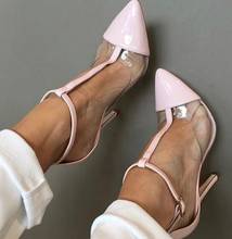 Moraima snc sapatos de salto alto de couro envernizado rosa, transparente e pvc, com alça t-strap, sapatos de salto fino para mulheres, sapatos para festa 2024 - compre barato