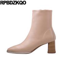 Botas quadradas de couro genuíno, calçados femininos vintage para outono e inverno, na moda, botas de salto médio, cano curto, rosa, bloco largo 2024 - compre barato