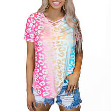 Camiseta de verano para mujer, camisa con cuello en V de Color degradado de arcoíris, camiseta de manga corta, Top informal para mujer 2021 2024 - compra barato