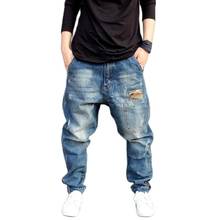 Calça jeans camuflada masculina, calças jeans largas casual hip hop para corrida, calças azul para homens, roupas plus size 2024 - compre barato