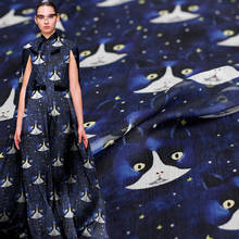 Tela de Chifón con estampado de gato azul oscuro, tejido de seda 100%, para vestido de verano, envío gratuito 2024 - compra barato