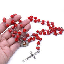 Collar de cuentas con forma de flor rosa para mujer, colgante con forma de cruz de la Virgen María, hecho a mano, joyería de oración religiosa católica 2024 - compra barato