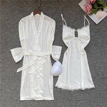 Satin Bride Bridesmaid Wedding Robe 2 Piece Sleep Set Silky Sleepwear Female Sexy Suspender Nightdress With Pads Lace Nightgown 2024 - buy cheap