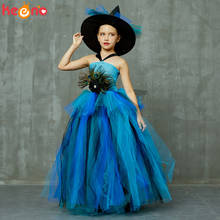 Elegante disfraz de pluma de pavo real para niñas, tutú de pavo real en capas, vestido con sombrero de bruja, vestidos de baile para fiesta de desfile 2024 - compra barato