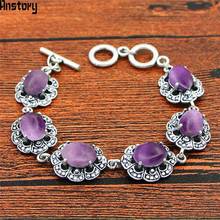 Natural Purple Stone Bracelet Plum Flower Design Vintage Look Antique Silver Plated Fashion Jewelry TB334 2024 - купить недорого