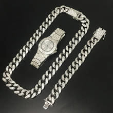 Hip Hop Men Silver Color Necklace Crystal Miami Chain Men Watch & Necklace & Bracelet Combo Set Ice Out Cuban Hip Hop For Men 2024 - buy cheap
