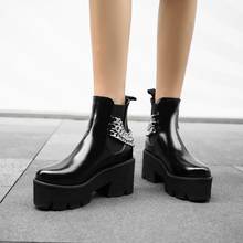 Winter Thick Bottom High Heels Ankle Women Boots Black Patent Leather Round Toe Metal Chain Female Boots Platform Women Shoes 2024 - buy cheap