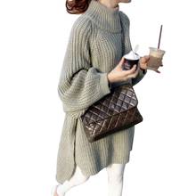 Suéter feminino folgado de manga comprida, blusão de malha médio com gola alta 2024 - compre barato