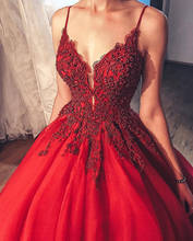 Red Ball Gown Prom Dresses Tulle V-neck Beaded Applique Robe De Soiree Vestido Arabic Elegant Formal Party Long Evening Dress 2024 - buy cheap