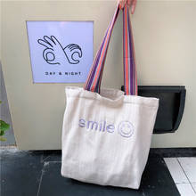 Bolso de mano de lona reutilizable con bordado coreano, bolso de compras con cara sonriente, de gran capacidad, estampado 2024 - compra barato