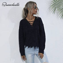 Suéter de manga larga para mujer, ropa informal con cuello de pico cruzado negro, Jersey de punto, camiseta, Tops para mujer, novedad, primavera y otoño 2024 - compra barato