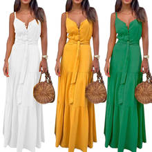 Long Boho Sundress Women Sleeveless Sukienka Front Button Solid Color Empire Waist Dress Spaghetti Strap Plain Dress Deep V Neck 2024 - buy cheap