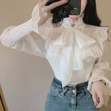 Women Clothes Pullover Vintage Lace Up bow stitching knitted Lantern Long Sleeve Top Blouse Bow Spring 2021 Feminina Shirts 457E 2024 - buy cheap