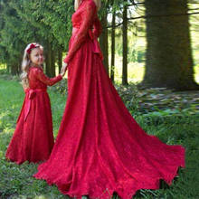 Vestido de encaje rojo para madre e hija, manga larga, cuello transparente, vestido de flores para niña, vestido de fiesta de boda 2024 - compra barato