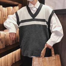 Sweater Vest Men Chic Couples Casual Mens Sleeveless Sweaters Teens Preppy Style Streetwear V-neck Vintage Loose Knitted Ulzzang 2024 - купить недорого