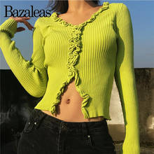Bazaleas vintage lacework puxar femme kardigan suéteres retro verde camisola feminina harajuku malha cardigan 2024 - compre barato