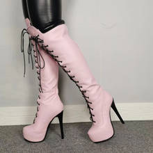 Botas por encima de la rodilla para mujer, zapatos cálidos con plataforma, tacones altos ajustados hasta el muslo, color rosa, talla 47 2024 - compra barato
