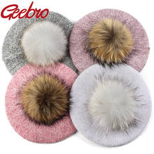 Geebro New Fashion Women Angora rabbit Beret 15 cm Real Ball Pom Poms Female Bonnet Caps Winter Warm Walking Hats Beanie Hat 2024 - buy cheap