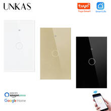 Unkas-interruptor de parede padrão eua, painel de vidro padrão us, 1 gang, sem fio, interruptor touch para parede tuya, smart life, controle por aplicativo, interruptor de parede zero e linha de fogo